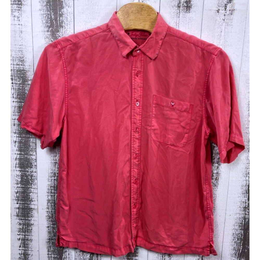 Indigo Palms Button Down Men's XL Short Sleeve‎ Hawaiian Shirt Coral Pink